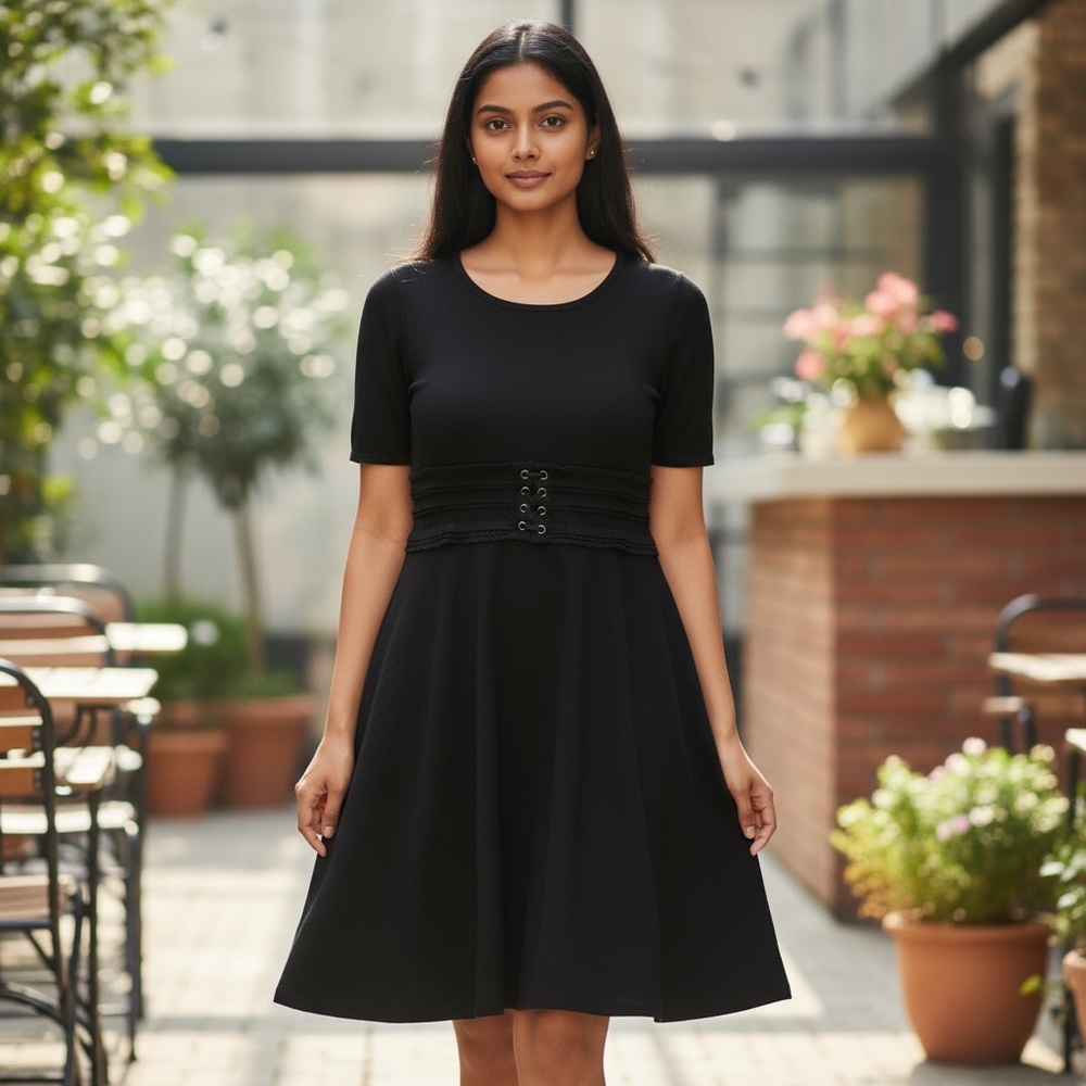 Maison Jules Women's Short Sleeve Belted Fit & Flare Black Midi Dress